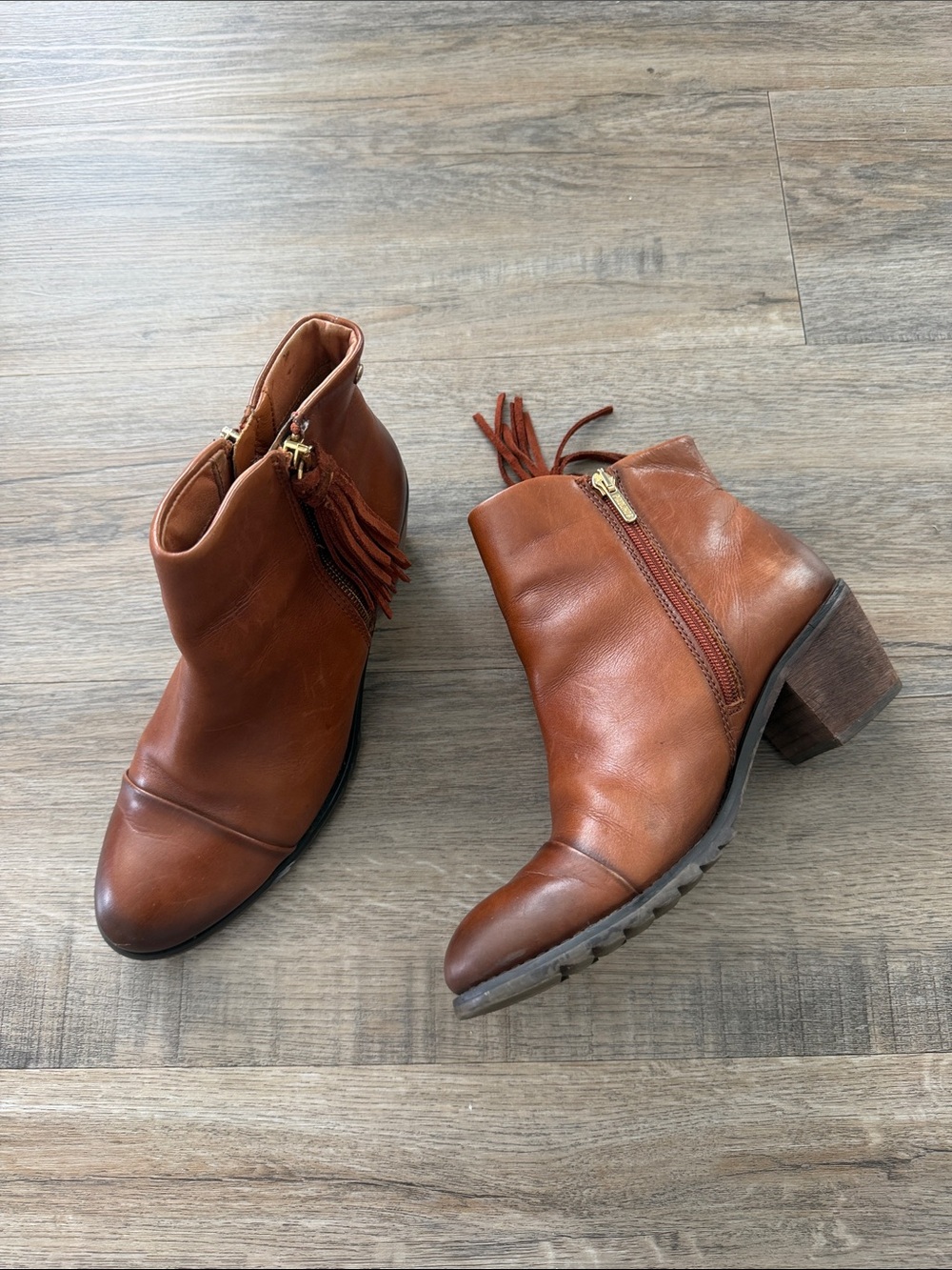 PIKOLINOS Cognac Leather Ankle Booties with Tassel Zipper